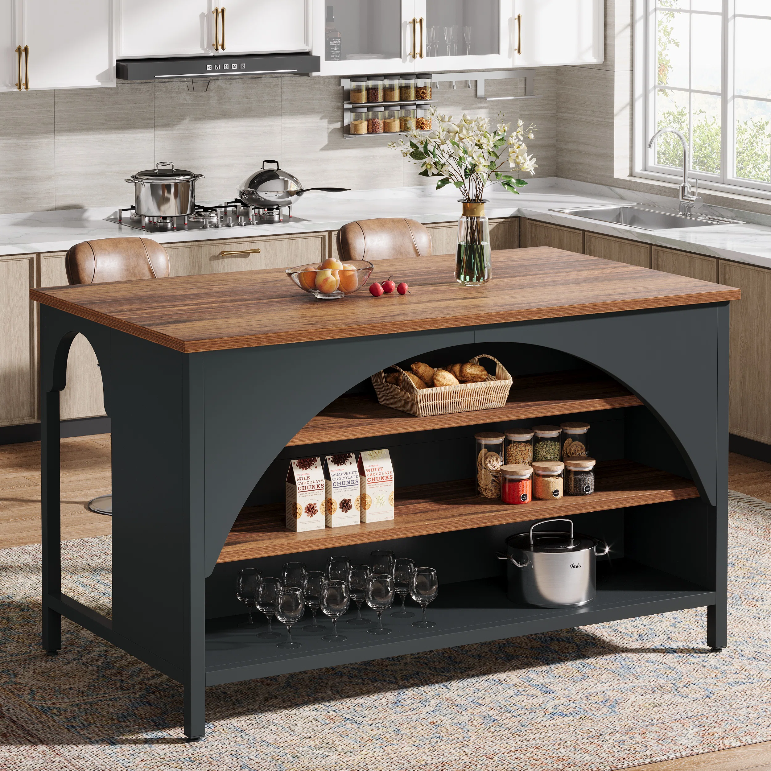 Kitchen Island With 3 Storage Shelves, 55 Inch Farmhouse Kitchen Shelf Bar Table With Large Worktop