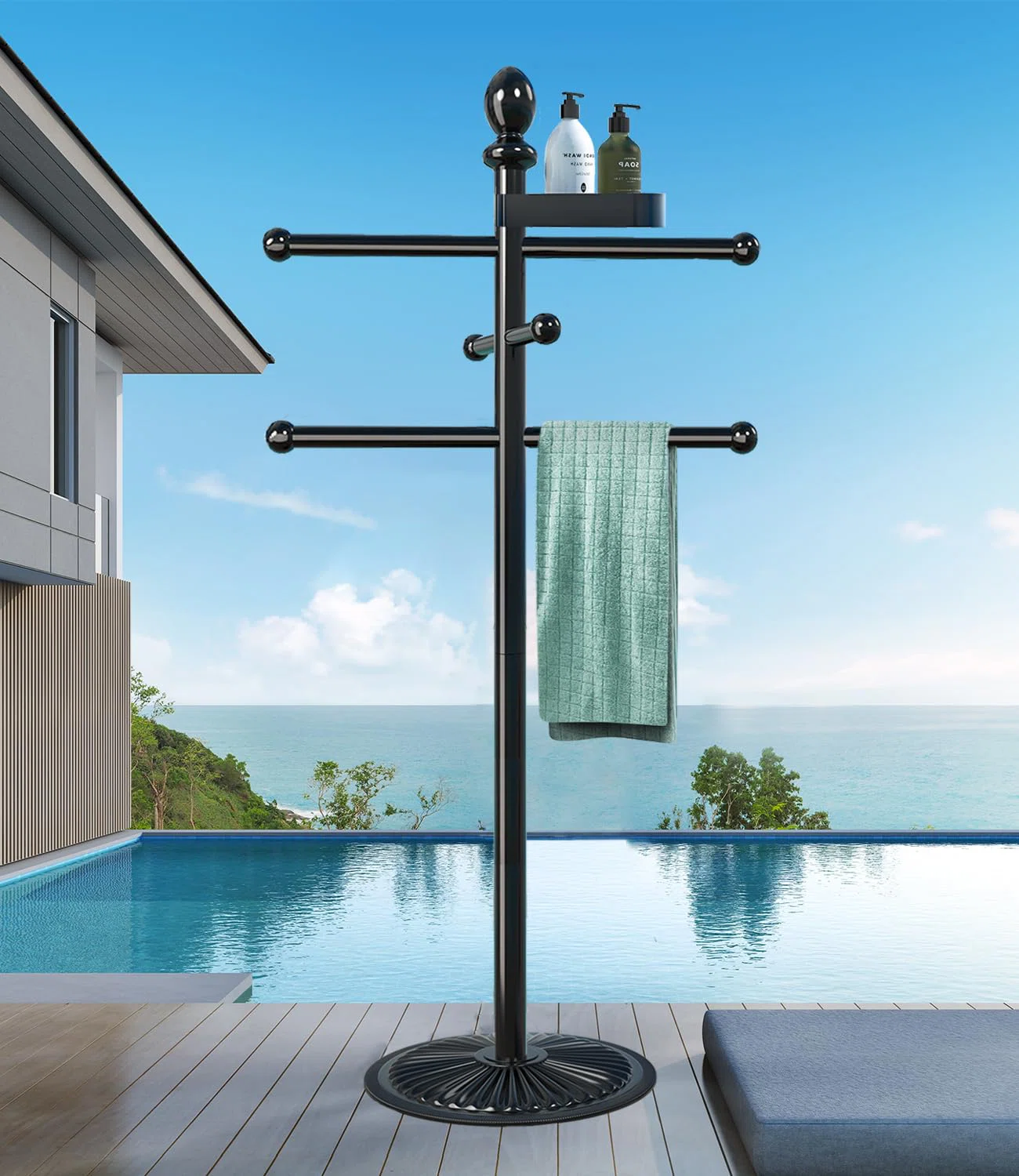 Pool Towel Rack Outdoor, 6 Bars With Top Tray Metal Heavy Duty Never Tilt Pool Accessories With Heavy Metal Base, Hot Tub Accessories Towel Dying Rack Towel Stand For Pool, Hot Tub Etc JJB0CKRS5PG2