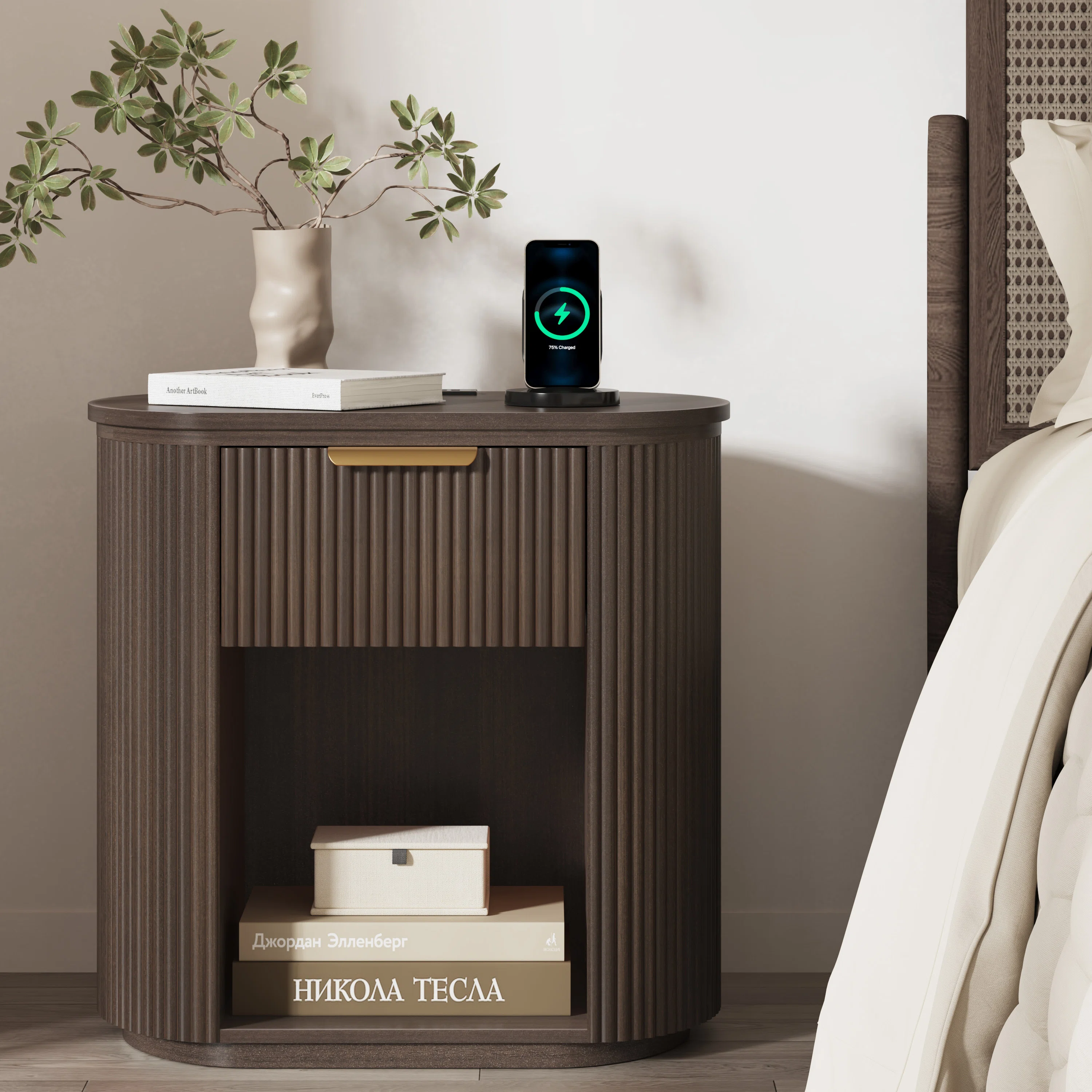 Reeded Nightstand With 1 Drawer, Open Shelf Storage Built-in Outlets USB Type-C Charging Station Set of 2