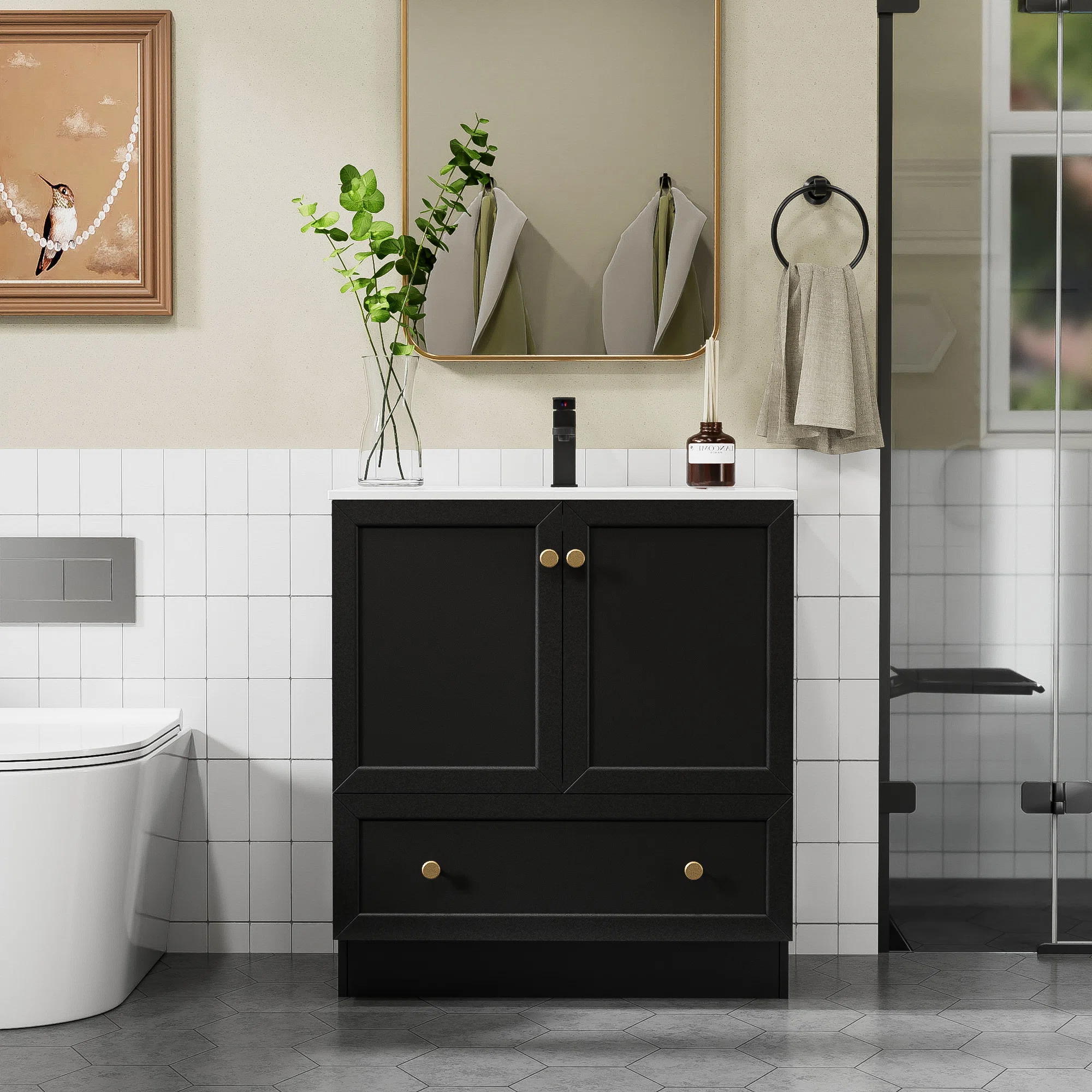 Romia 30'' Single Bathroom Vanity with Integrated Sink Top, Zinc Alloy Faucet, Eco-friendly Hand Paint