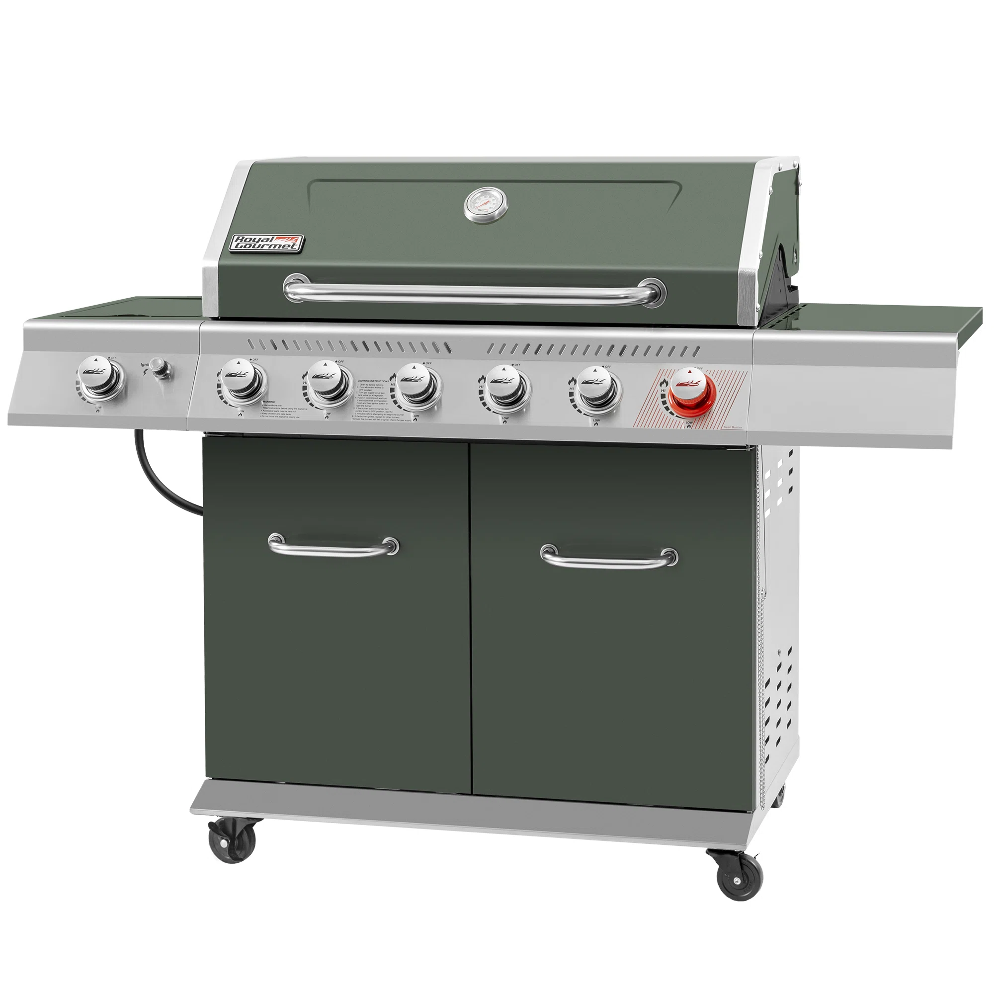 Royal Gourmet 6-Burner BBQ Liquid Propane Gas Grill with Sear Burner and Side Burner, Olive Green