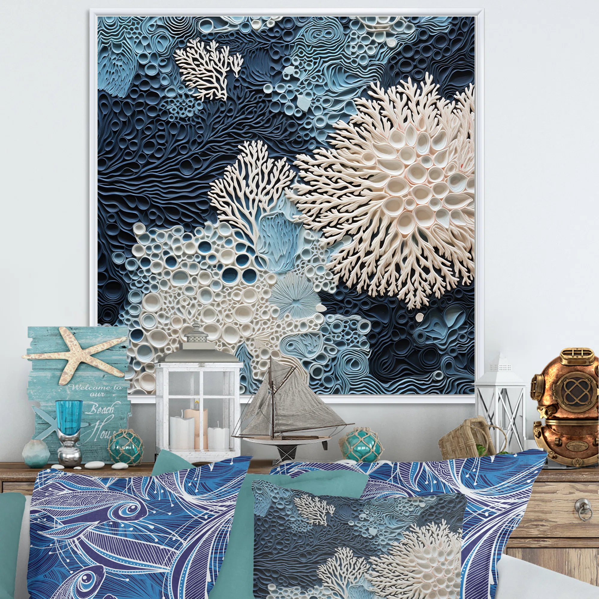 Under Water Blue And White Corals Collage - Coastal Wall Art