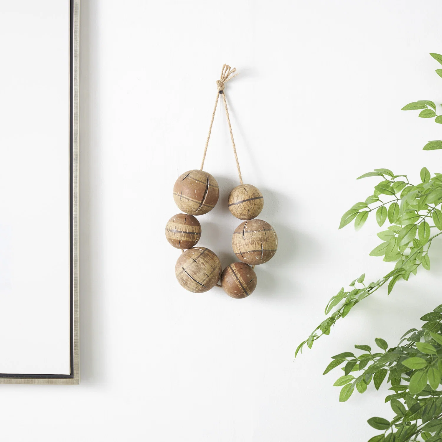 Wood Handmade Distressed Striped 6 Strung Buoy Brown Wall Decor with Hanging Rope