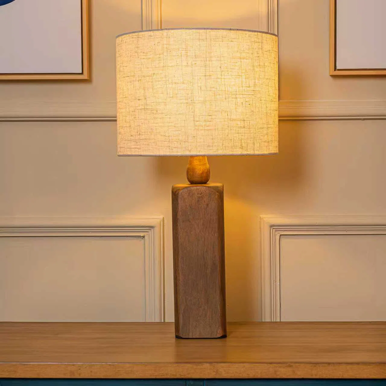 farmhouse Traditional Natural Solid Wood Table Lamp With Beige Fabri Drum Shade For Bedroom Living Room
