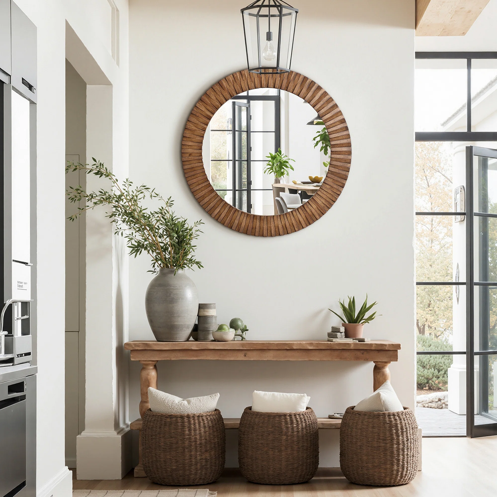 Rustic Oak Wood Textured Round Wall Mirror, 29” Decorative Home Accent