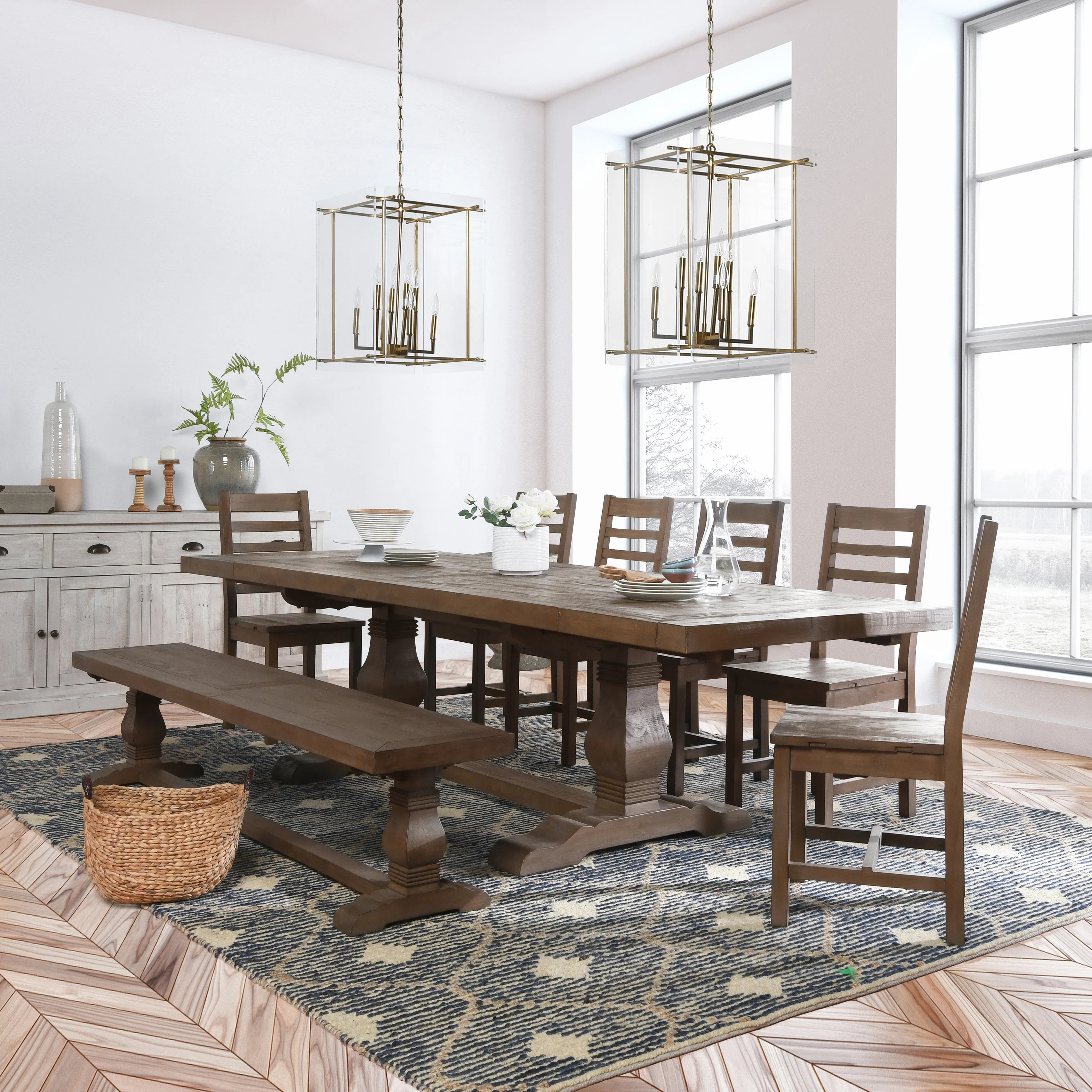 Kinston 10-Person Pine Solid Wood Double Pedestal Dining Set